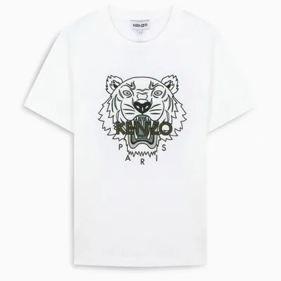 Kenzo White T-shirt With Tiger Embroidery And Logo