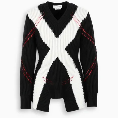 Alexander Mcqueen Black And White V-neck Sweater In Multicolor