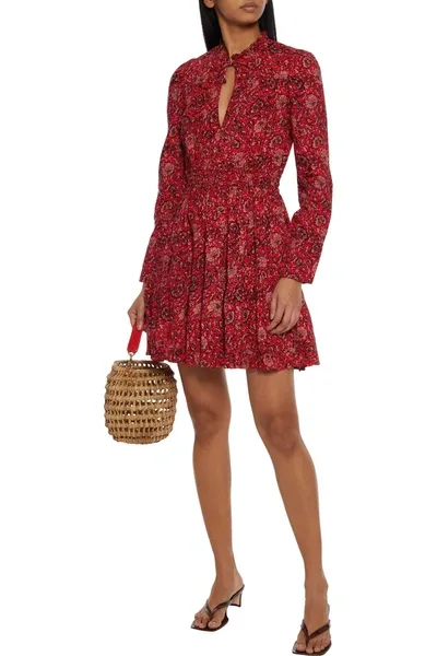 Ulla Johnson Liv Gathered Printed Cotton-blend Mini Dress In Crimson