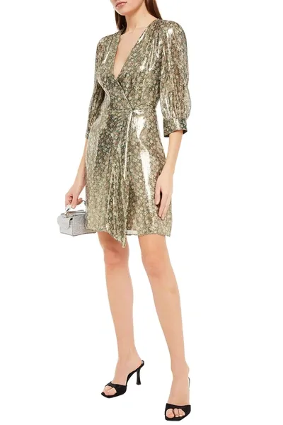 Paul & Joe Draped Floral-print Silk-lamé Mini Wrap Dress In Gold