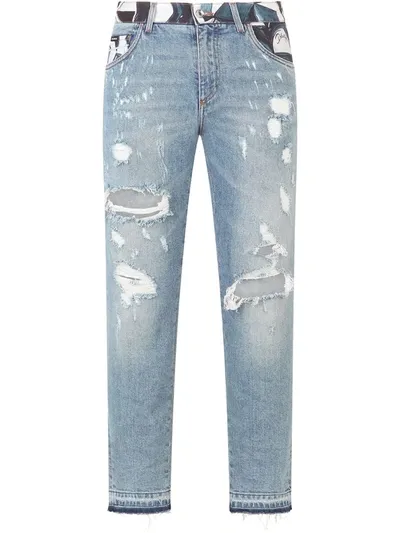 Dolce & Gabbana Jeans With Parco Dei Principi Maiolica Print Inserts In Blue