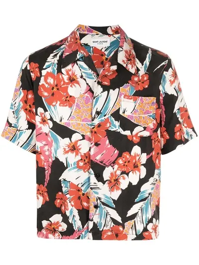 Saint Laurent Hawaiian Print Short-sleeve Shirt In Schwarz