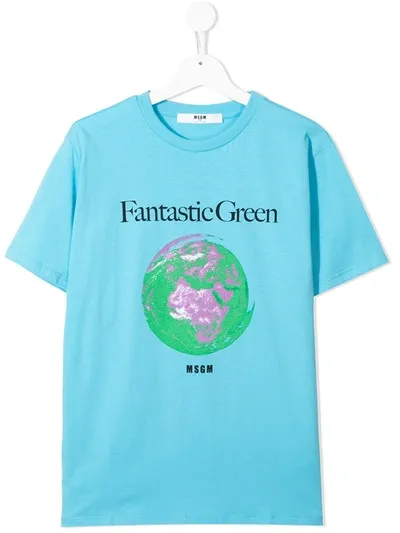 Msgm Teen Slogan-print Short-sleeved T-shirt In Blue