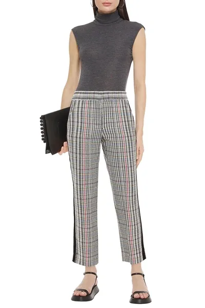 Veronica Beard Grosgrain-trimmed Houndstooth Cotton-blend Straight-leg Pants In Gray