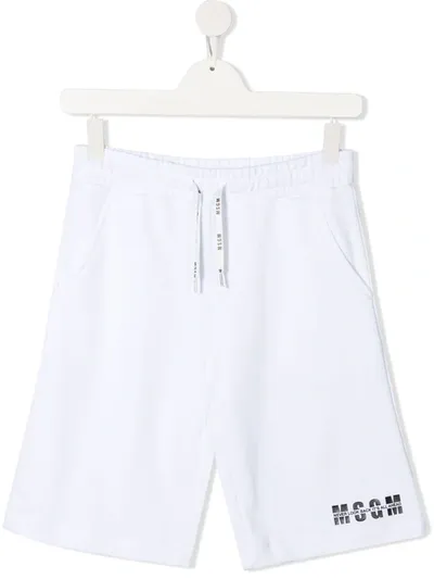 Msgm Teen Logo-print Cotton Shorts In Bianco