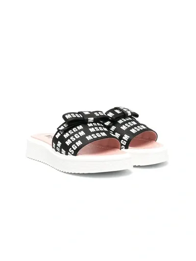 Msgm Teen Logo-print Leather Sandals In Black