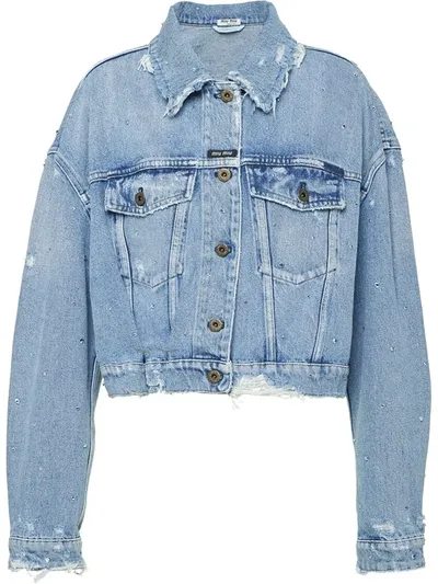 Miu Miu Distressed-effect Denim Jacket In Blue