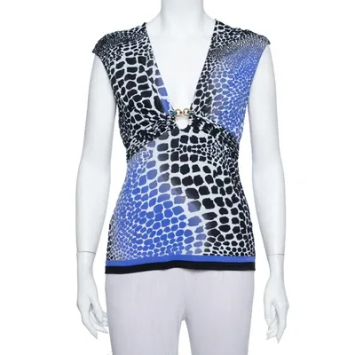 Pre-owned Roberto Cavalli Blue & Black Knit Animal Print Plunge Neck Top M