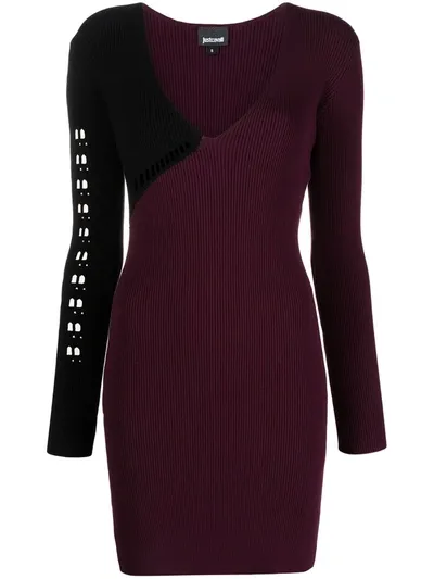 Just Cavalli Lattice-trimmed Two-tone Ribbed-knit Mini Dress In Grape