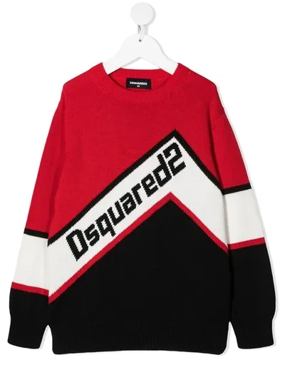 Dsquared2 Kids' Logo-intarsia Tricolour Jumper In Red