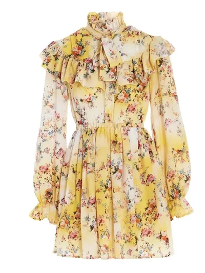 Msgm Ruffled Floral-print Crepe De Chine Mini Dress In Yellow