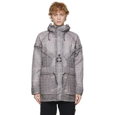 Stone Island Reflective Grid-print Hooded Garment-dyed Parka In Blue Grey