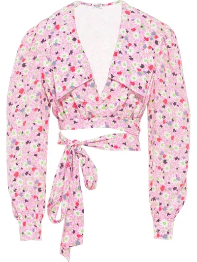 Miu Miu Floral-print Self-tie Cropped Blouse In Pink