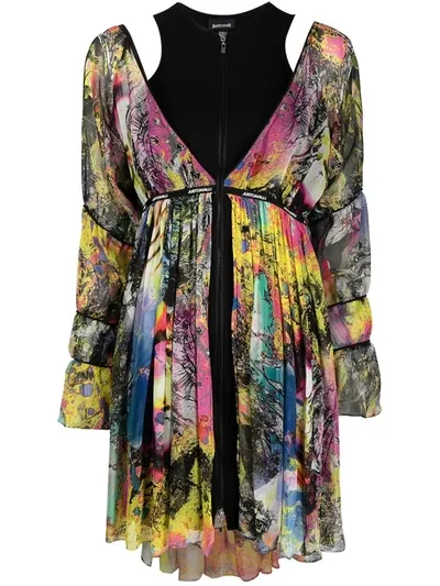 Just Cavalli Layered Abstract-print Mini Dress In Black