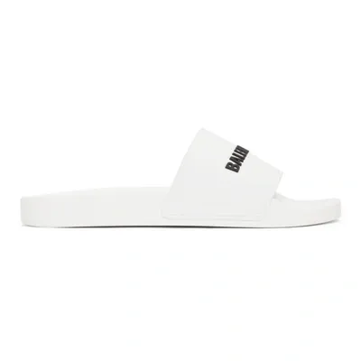 Balenciaga Logo Embossed Pool Slides In White Black