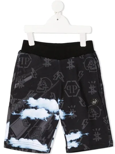 Philipp Plein Kids' Clouds Print Track Shorts In Black