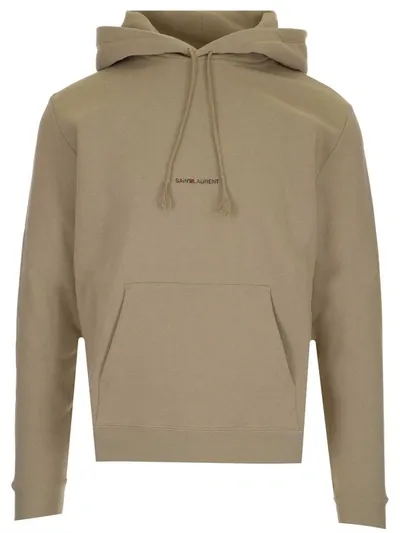 Saint Laurent Logo Printed Hoodie In Beige