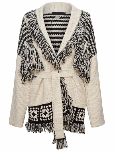 Alanui Belted Waist Fringed Cardi Coat In White,black