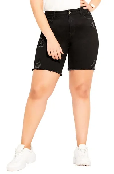 City Chic High Waist Distressed Denim Shorts In Black