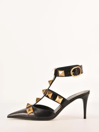 Valentino Garavani Roman Stud Leather Slingback Pumps In Black