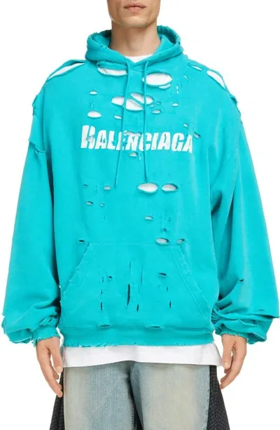 Balenciaga Logo Destroyed Cotton Hoodie In Turquoise White