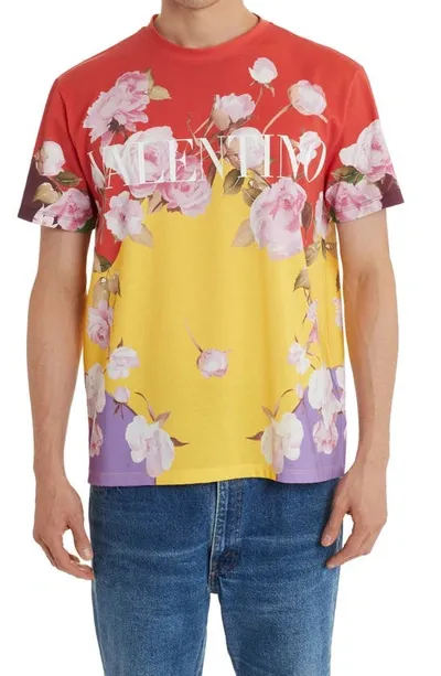 Valentino Cotton T-shirt With Flying Flowers Print In Stane Monililiumgiallo