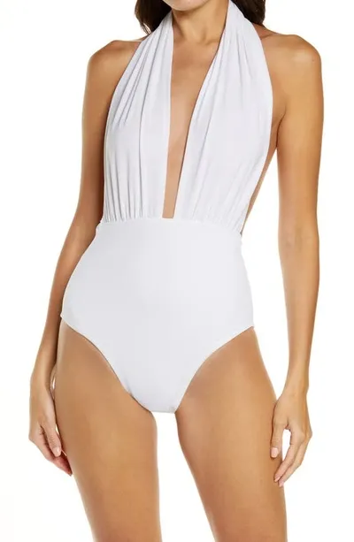 Norma Kamali Slinky Marissa Ruched Halterneck Swimsuit In White Lame