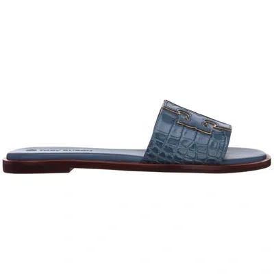 Tory Burch Ines Appliquéd Croc-effect Leather Slides In Denim Blue