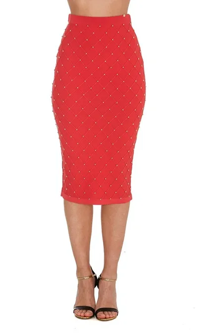 Elisabetta Franchi Studded Quilted Pencil Skirt In Red