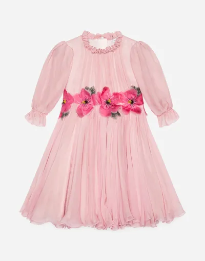 Dolce & Gabbana Kids' Chiffon Dress With Embroidered Flowers In Pink