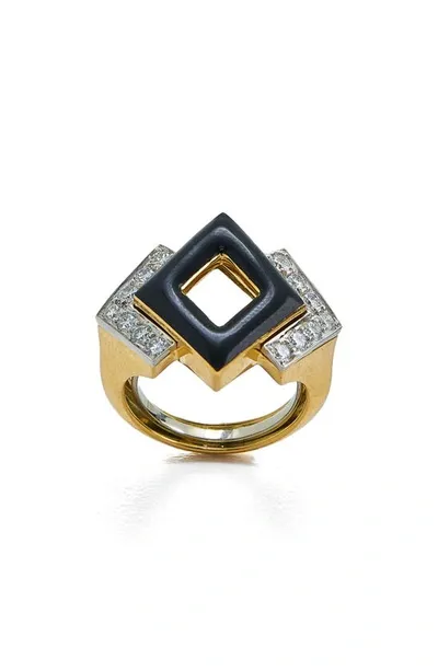 David Webb Motif 18k Yellow Gold, Black Enamel & Double Diamond Ring