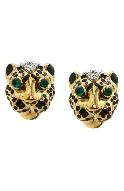 David Webb Kingdom Diamond Leopard Stud Earrings In Yellow Gold