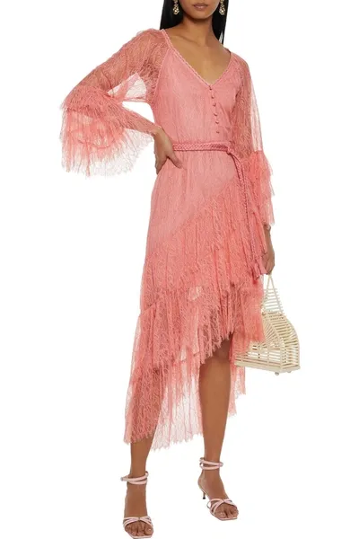 Alice And Olivia Onica Asymmetric Tiered Belted Corded Lace Dress In Bubblegum