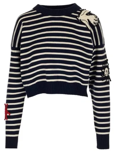 Alexander Mcqueen Black And White Striped Sweater With Embroidery In Multicolor