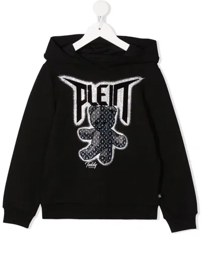 Philipp Plein Kids' Teddy Bear Cotton Hoodie In Black