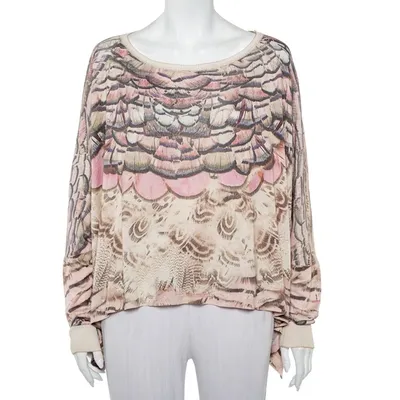 Pre-owned Roberto Cavalli Beige Printed Silk Knit Oversized Sweatshirt M