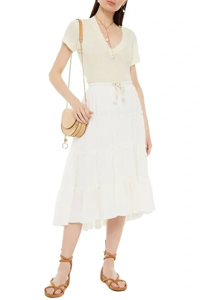 See By Chloé Asymmetric Cotton-seersucker Midi Skirt In White