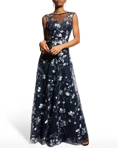 Rickie Freeman For Teri Jon Cap-sleeve Embroidered Tulle A-line Gown In Navy Silver