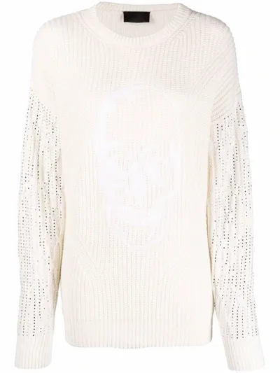 Philipp Plein Crystal-embellished Knitted Jumper In Neutrals