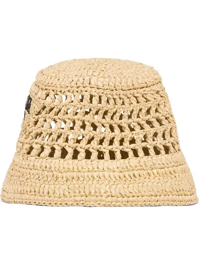 Prada Logo-embroidered Woven Raffia Hat In Nude