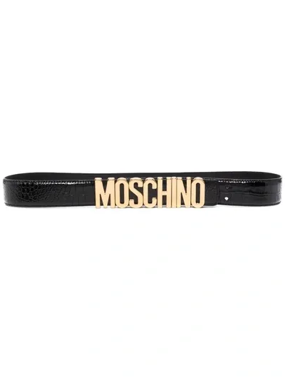 Moschino Logo-lettered Skinny Belt In Schwarz