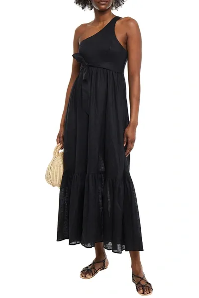 Zimmermann Empire One-shoulder Belted Linen Maxi Dress In Black