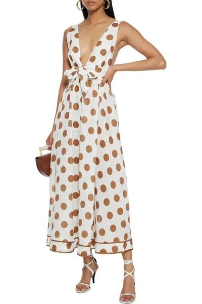 Zimmermann Empire Bow-detailed Polka-dot Linen Maxi Dress In Tan