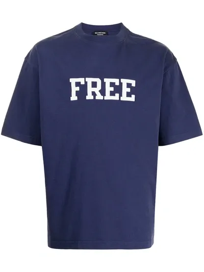 Balenciaga T-shirt With Embroidered Lettering Free In Blue