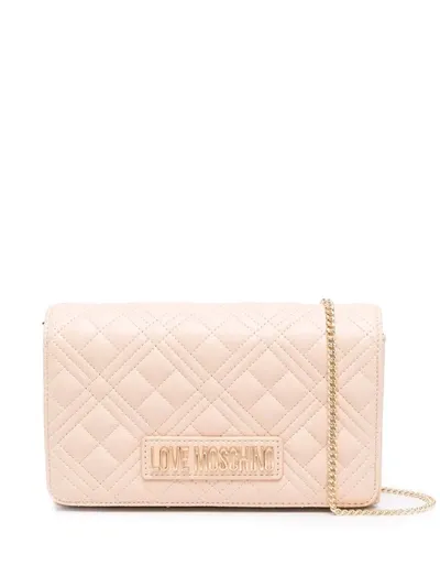 Love Moschino Logo-plaque Quilted Crossbody Bag In Beige