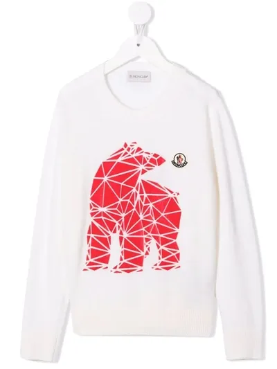 Moncler Kids' Bear Intarsia Wool Knit Sweater In White