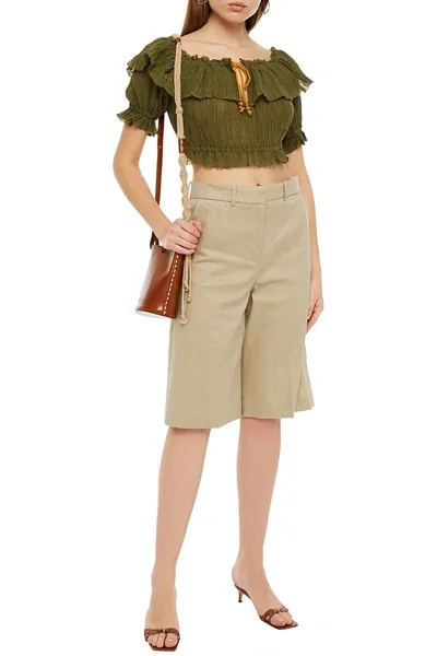 Zimmermann Empire Crop Off-the-shoulder Crinkled Ramie And Cotton-blend Top In Army Green