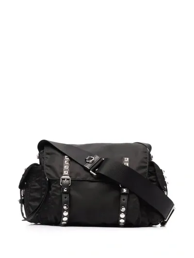 Prada Vela Stud-embellished Satchel In Black