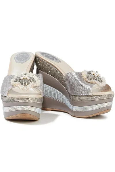 René Caovilla Crystal-embellished Metallic Karung Wedge Sandals In Silver