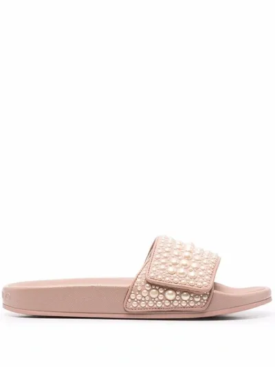 Jimmy Choo Fitz Faux-pearl Embellished Canvas Slides In Pink